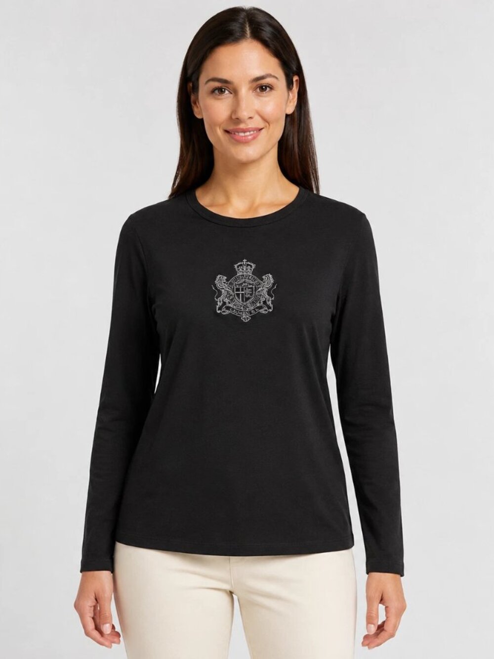 Lauren Ralph Lauren Active Black Embroidered Crest Long Sleeve Tee Wmns M Preppy